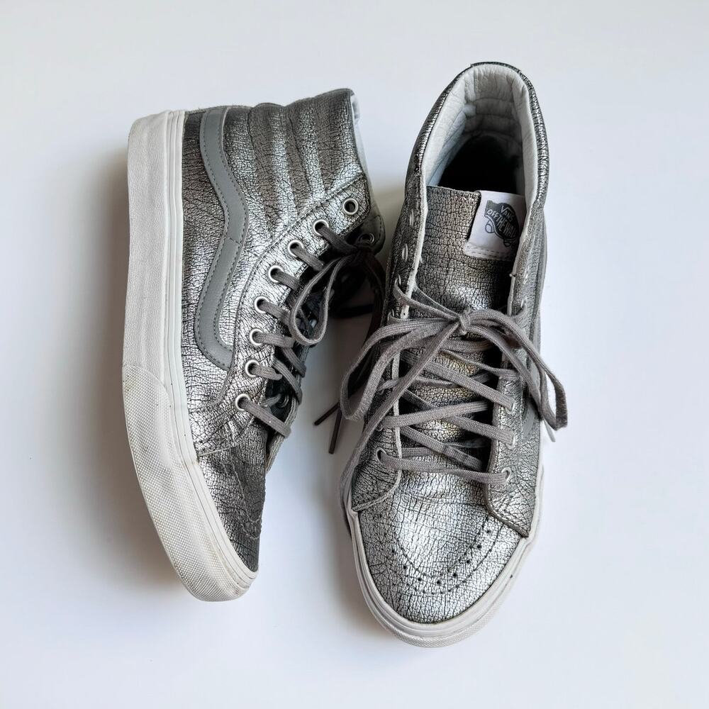 VANS Rare Metallic Silver Leather Upper SK8 High Top Slim Shoes M 5.5 - W 7